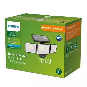 Philips Securit drošības apgaismojums, 8,7 W LED, saules enerģija, 5000 K, 4 V baterija, melns plastmasas korpuss