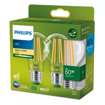 Philips Filament Bulb Clear 60W A60 E27 x2, 4 W, 60 W, E27, 840 lm, 50000 h, Silta balta