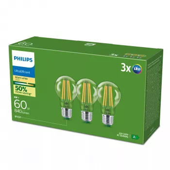 Philips Classic LED spuldze 60 W ekvivalents, E27 caurspīdīga silti balta, 3 iepakojums, enerģijas klase A