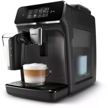 Espresso automāts Philips EP2334/10 – pilnībā automātisks galda virsmas, iebūvēta keramikas dzirnaviņas, piena tvertne, AquaClean filtrs, skārienekrāns, melns