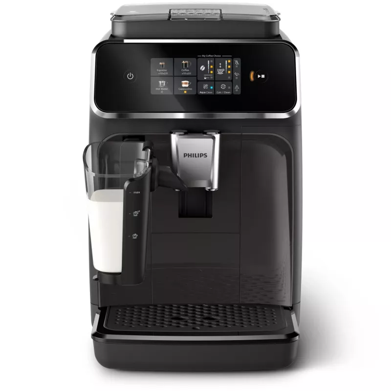 Espresso automāts Philips EP2334/10 – pilnībā automātisks galda virsmas, iebūvēta keramikas dzirnaviņas, piena tvertne, AquaClean filtrs, skārienekrāns, melns