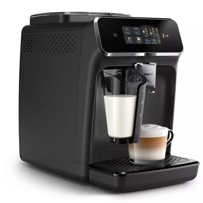 Espresso automāts Philips EP2334/10 – pilnībā automātisks galda virsmas, iebūvēta keramikas dzirnaviņas, piena tvertne, AquaClean filtrs, skārienekrāns, melns