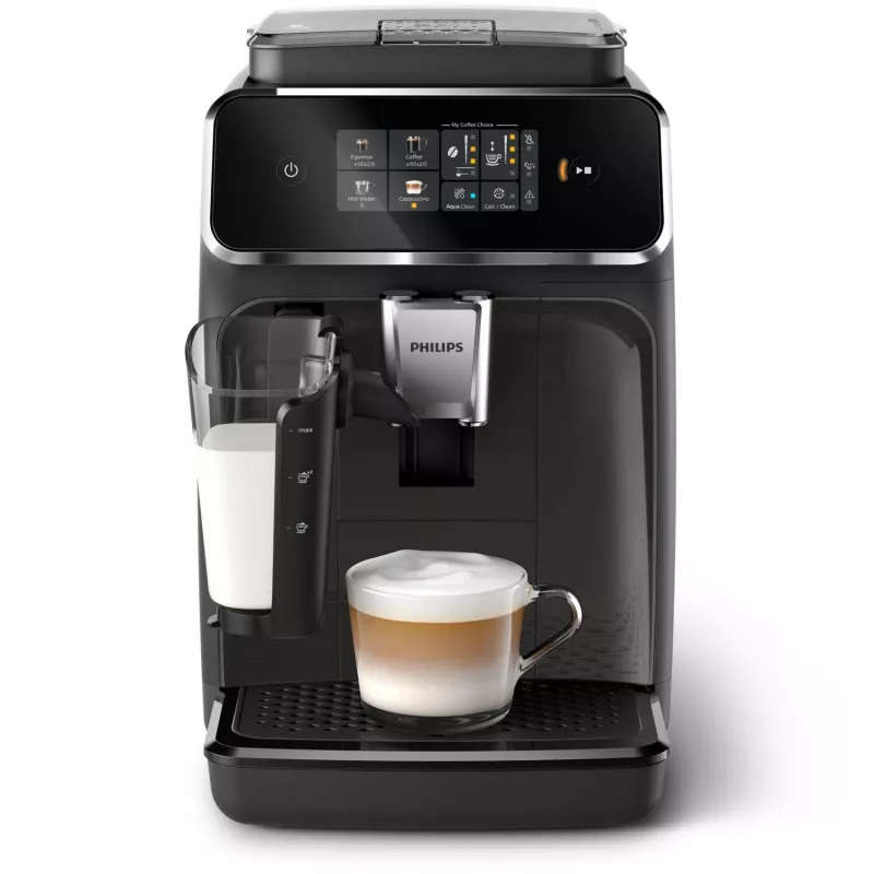 Espresso automāts Philips EP2334/10 – pilnībā automātisks galda virsmas, iebūvēta keramikas dzirnaviņas, piena tvertne, AquaClean filtrs, skārienekrāns, melns
