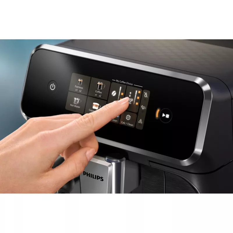 Espresso automāts Philips EP2334/10 – pilnībā automātisks galda virsmas, iebūvēta keramikas dzirnaviņas, piena tvertne, AquaClean filtrs, skārienekrāns, melns