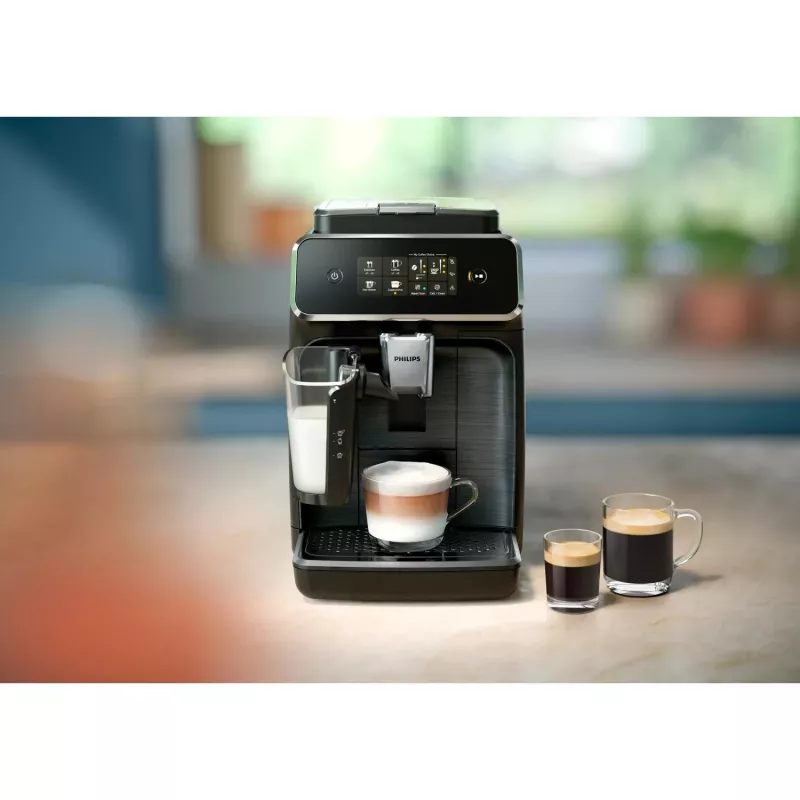 Espresso automāts Philips EP2334/10 – pilnībā automātisks galda virsmas, iebūvēta keramikas dzirnaviņas, piena tvertne, AquaClean filtrs, skārienekrāns, melns
