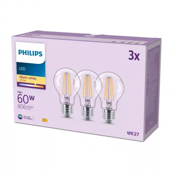 Philips Filament Bulb Clear 60 W A60 E27 x3, 7 W, 60 W, E27, 806 lm, 15000 h, silti balta