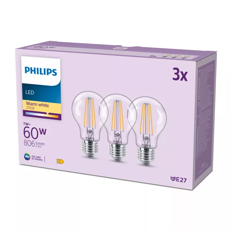 Philips Filament Bulb Clear 60 W A60 E27 x3, 7 W, 60 W, E27, 806 lm, 15000 h, silti balta