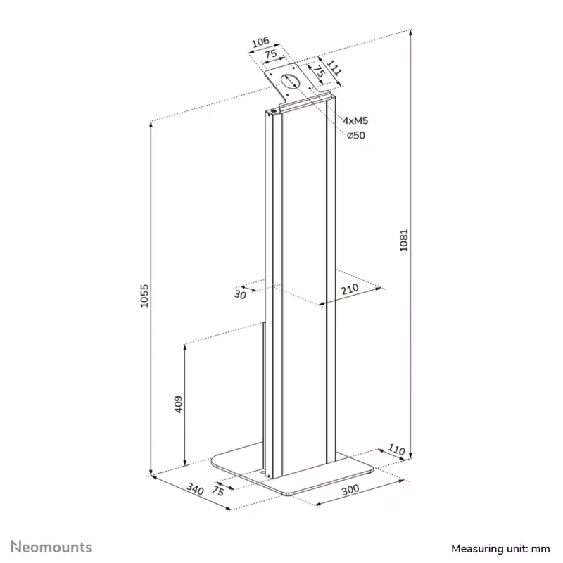 Planšetdatora grīdas statīvs Neomounts FL15-628BL1 — universāls, bloķējams, maks. slodze 3 kg, melns