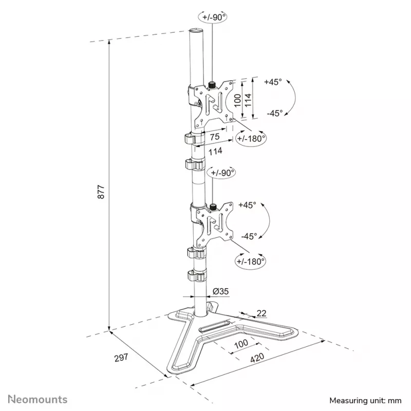 Neomounts dubultā monitora statīvs DS45-600BL2V 2 displejiem 10–32 collas, VESA 75x75–100x100, maks. slodze 9 kg, brīvi stāvošs, melns