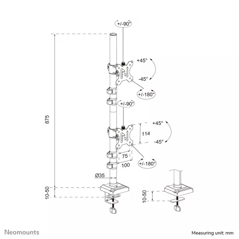 Neomounts DS60-600BL2V dubultais monitora kronšteins 10-32 collas, skava/caurlaides stiprinājums, 9 kg, 25,4 cm (10 collas), 81,3 cm (32 collas), 100 x 100 mm, melns