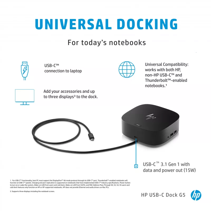 HP USB-C dokstacija G5, vadu, USB 3.2 Gen 1 Type-C, melna, 100 W