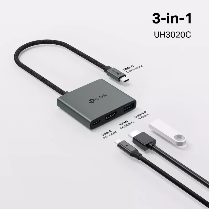 TP-Link UH3020C saskarnes centrmezgls USB Type-C 5000 Mbit/s Pelēks