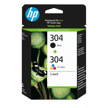 HP 304 2-pack Melna/Trīskrāsu oriģinālās tintes kasetnes, Melna, Ciāna, Fuksīna, Dzeltena, Pigmenta bāzes tinte, 2 gab., 120 lappuses, 100 lappuses