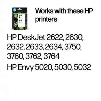 HP 304 2-pack Melna/Trīskrāsu oriģinālās tintes kasetnes, Melna, Ciāna, Fuksīna, Dzeltena, Pigmenta bāzes tinte, 2 gab., 120 lappuses, 100 lappuses
