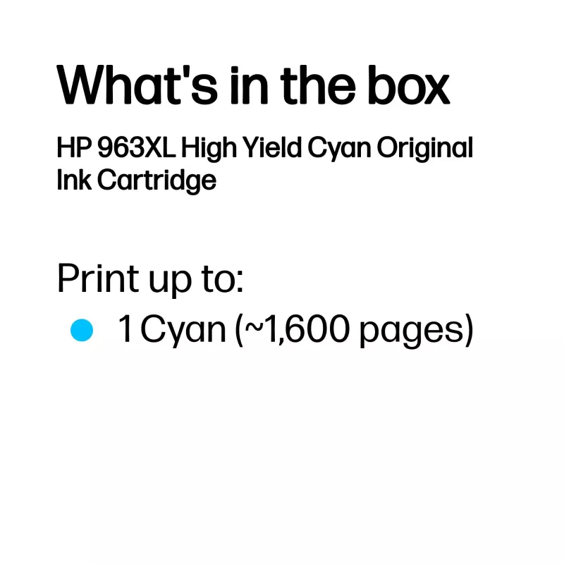 HP 963XL augstas ietilpības ciāna oriģinālā tintes kasetne, ciāna, 1 gab., 1600 lappuses