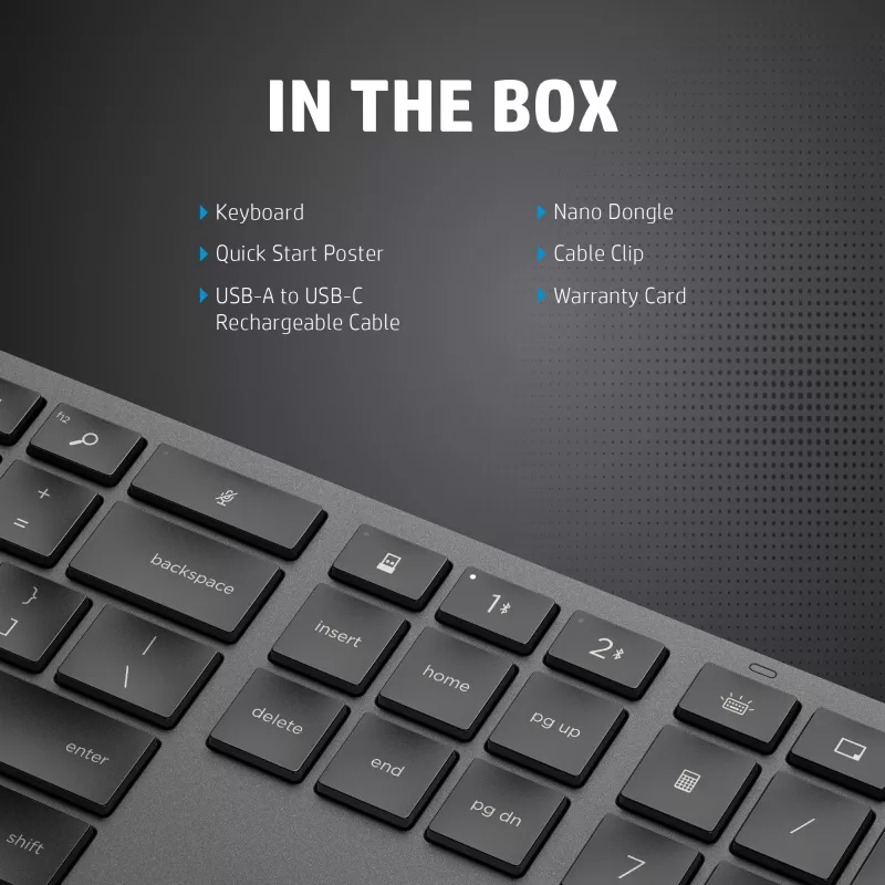 Bezvadu pilna izmēra tastatūra HP 975 — RF Wireless + Bluetooth, melna, 100% izkārtojums