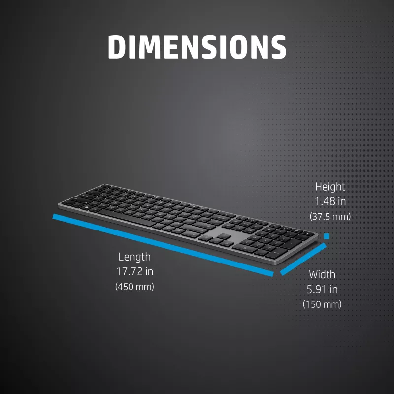 Bezvadu pilna izmēra tastatūra HP 975 — RF Wireless + Bluetooth, melna, 100% izkārtojums