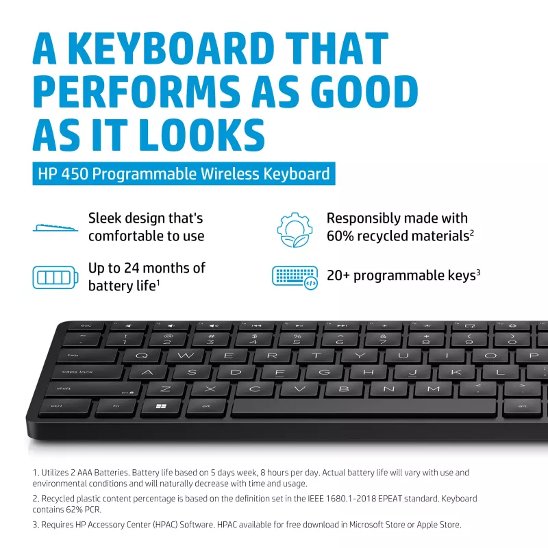 HP 450 Programmējama bezvadu tastatūra pilna izmēra RF bezvadu USB melna