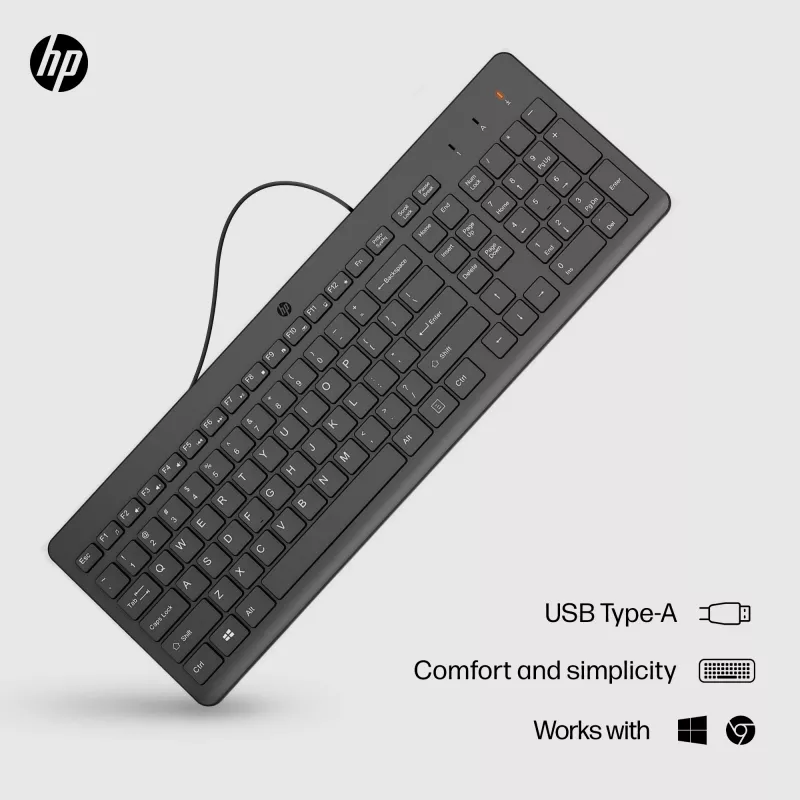 HP 150 vadu tastatūra, pilna izmēra, USB, melna, 1 m kabelis
