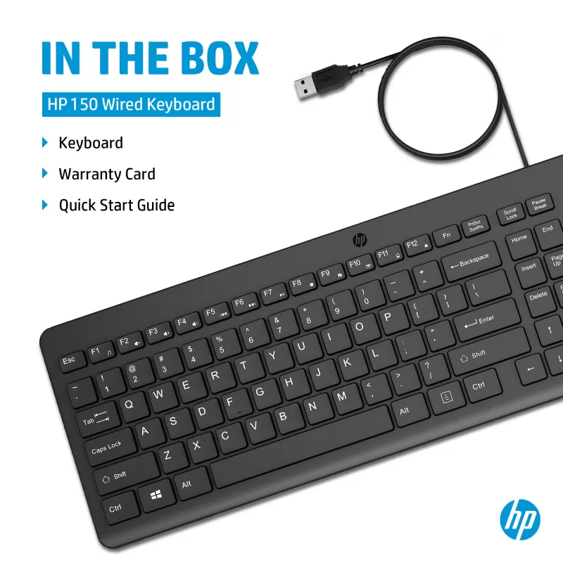 HP 150 vadu tastatūra, pilna izmēra, USB, melna, 1 m kabelis