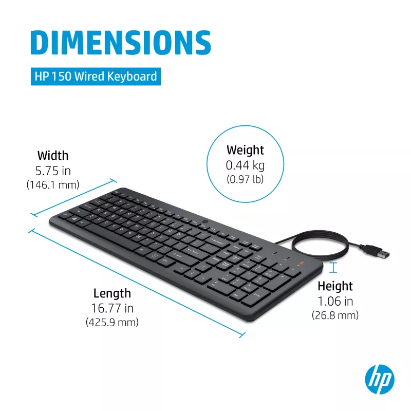 HP 150 vadu tastatūra, pilna izmēra, USB, melna, 1 m kabelis