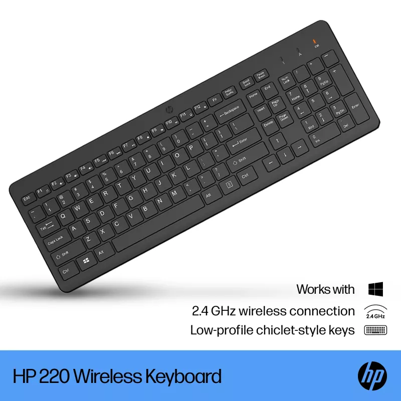 HP 220 bezvadu tastatūra, pilna izmēra, melna, membrānas tipa, mājas lietošanai