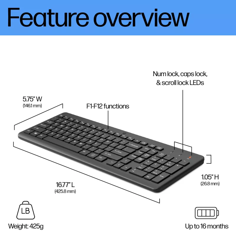 HP 220 bezvadu tastatūra — pilna izmēra (100%), RF bezvadu, membrānas, melna