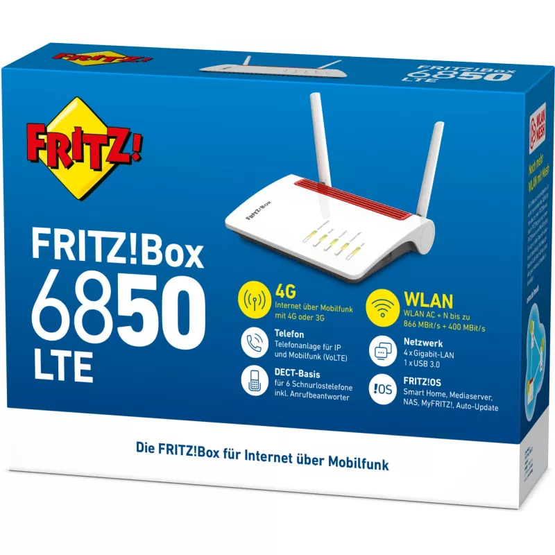 Box FRITZ 6850 LTE bezvadu maršrutētājs Gigabit Ethernet Divjoslu (2.4 GHz / 5 GHz) 4G Balts