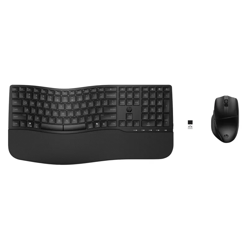 Bezvadu tastatūras un peles komplekts HP 685 Comfort — pilnizmēra izliekta tastatūra, RF bezvadu + Bluetooth, melna, ar peli