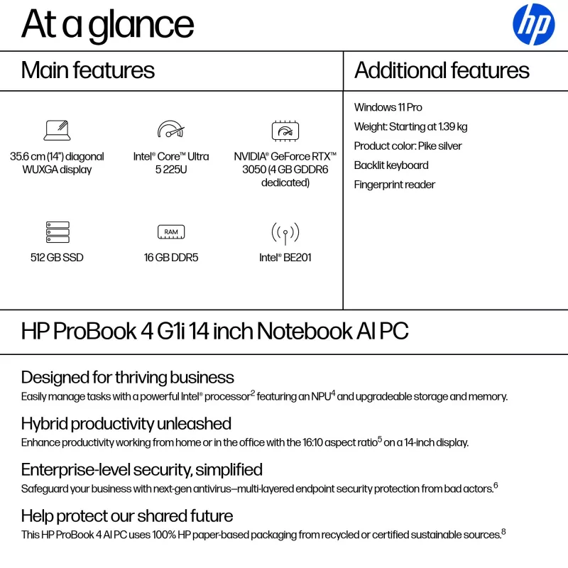 Klēpjdators HP ProBook 4 G1i AI PC 14 collu Intel Core Ultra 5 16GB 512GB Intel Graphics Windows 11 Pro