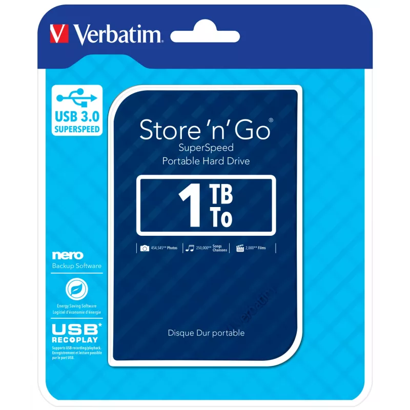 Verbatim Store 'n' Go USB 3.0 cietais disks 1TB zils, 1 TB, 2.5 collas, 3.2 Gen 1 (3.1 Gen 1), 5400 RPM, zils