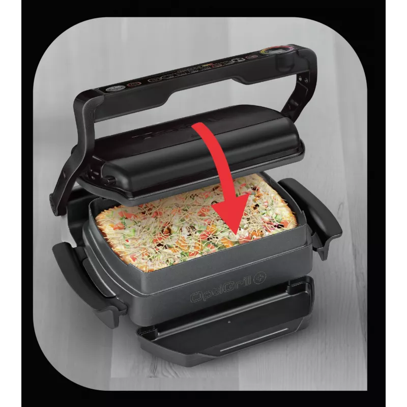 Kontaktgrils Tefal GC7148 — 2000 W, nerūsējošā tērauda korpuss, taisnstūra forma, regulējams termostats, režģa augšējā virsma, 365×365×175 mm