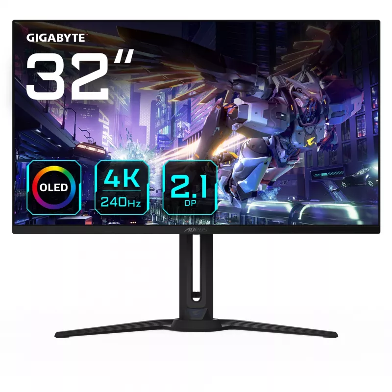 GIGABYTE AORUS FO32U2P 32” OLED spēļu monitors - 3840 x 2160 (UHD), 240 Hz, 0,03 ms, 250 cd/m², KVM, FreeSync Premium Pro, DisplayHDR True Melns 400, DisplayPort 2.1
