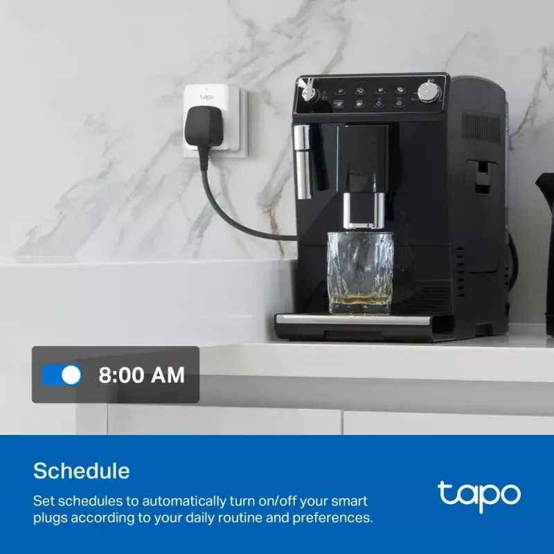 Viedā kontaktligzda TP‑Link Tapo Mini P110M — Wi‑Fi/Bluetooth iekštelpu viedā kontaktligzda, 16 A, 100–240 V, 3680 W, balta