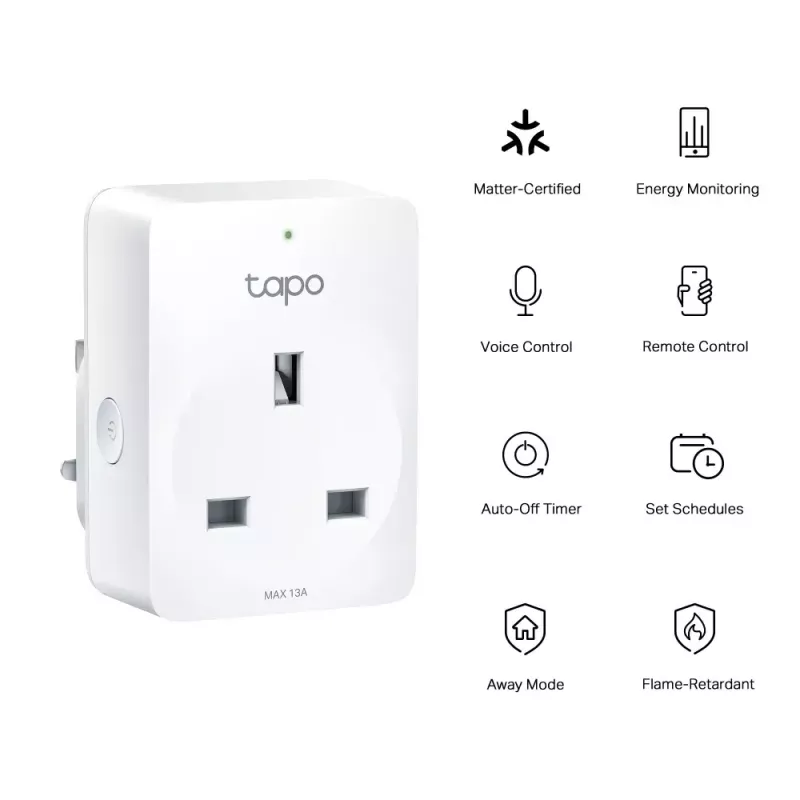 Viedā kontaktligzda TP‑Link Tapo Mini P110M — Wi‑Fi/Bluetooth iekštelpu viedā kontaktligzda, 16 A, 100–240 V, 3680 W, balta