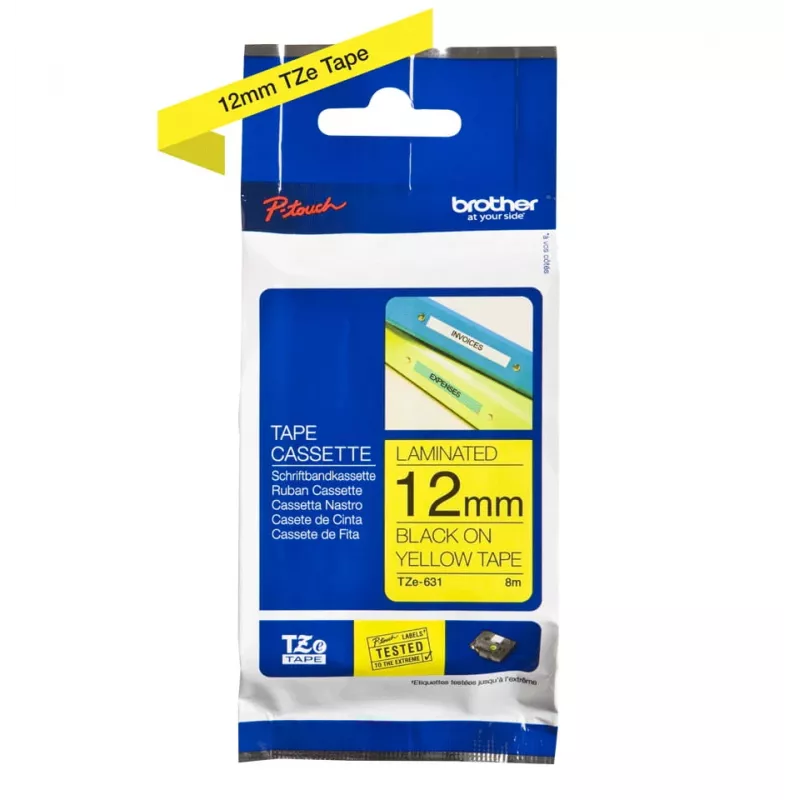 Lentes lente Brother TZe-631 (TZe) 12 mm x 8 m, melns uz dzeltena