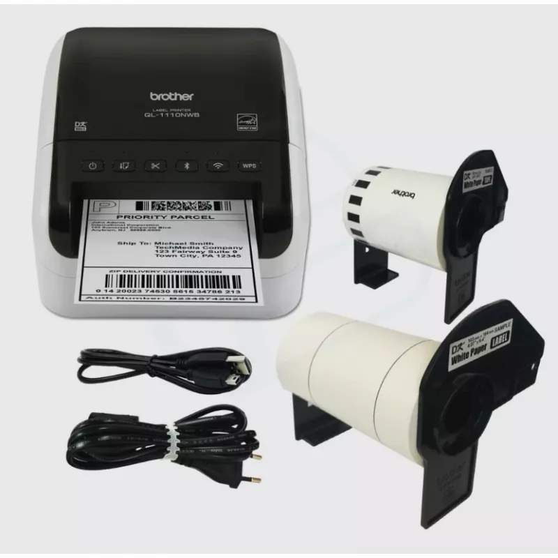 Brother QL-1110NWB, DK, Direct thermal, 300 x 300 DPI, 110 mm/sec, Vadu un bezvadu, Melns, Balts