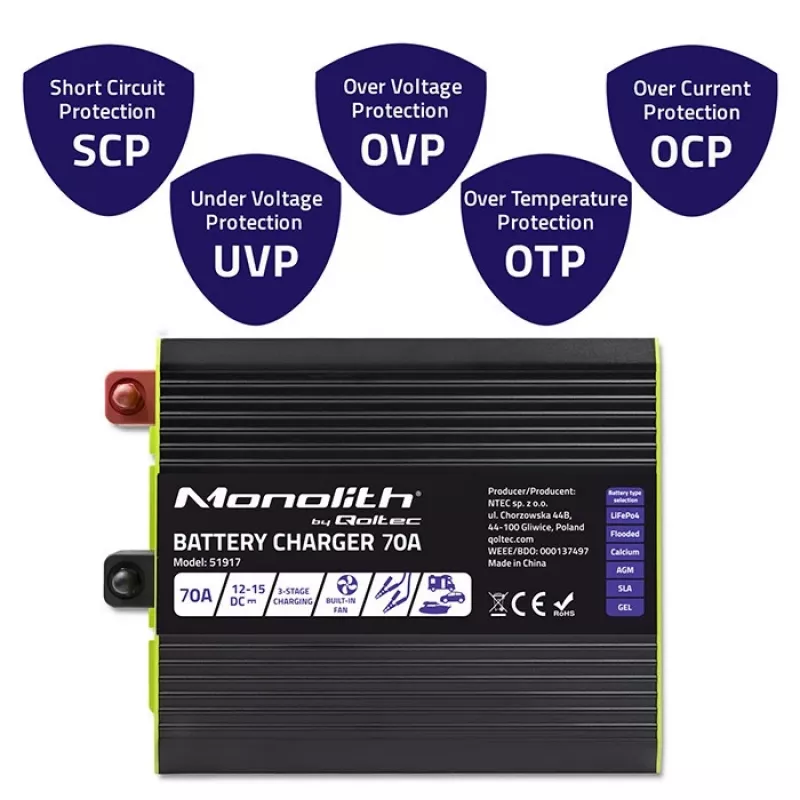 Bateriju lādētājs QOLTEC 51917 LiFePO4/AGM/GEL/SLA baterijām, 70 A izeja
