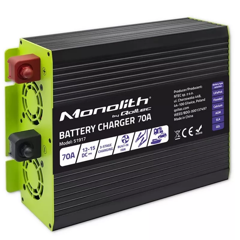 Bateriju lādētājs QOLTEC 51917 LiFePO4/AGM/GEL/SLA baterijām, 70 A izeja