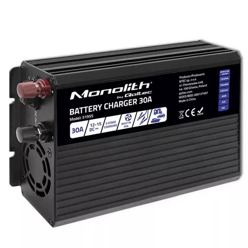 Akumulatora lādētājs QOLTEC 51955 — 30A 12V LiFePO4, AGM, GEL, SLA