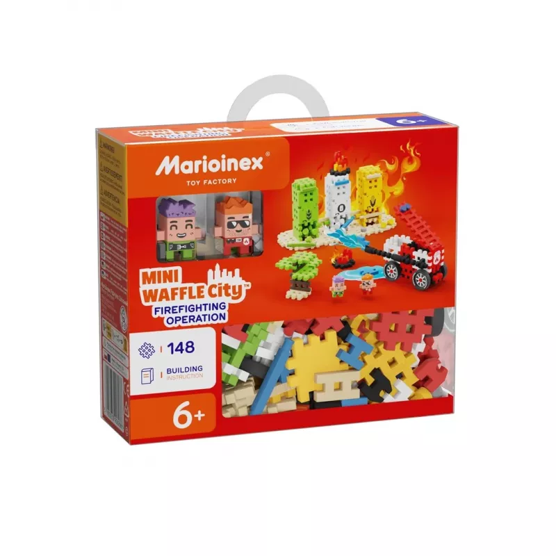 Rotaļu konstruēšanas komplekts Marioinex Blocks Waffle mini ugunsdzēsēju operācija, 148 gab., daudzkrāsains, vecumam 6+