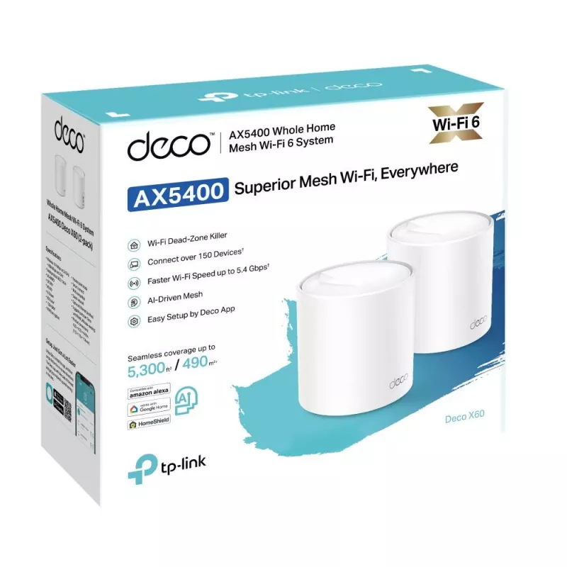 Bezvadu maršrutētājs | TP-LINK | Bezvadu maršrutētājs | 2 iepakojumā | 5400 Mbit/s | Mesh | IEEE 802.11a | IEEE 802.11n | IEEE 802.11ac | IEEE 802.11ax | 2x10/100/1000M | DECOX60(2-PACK)