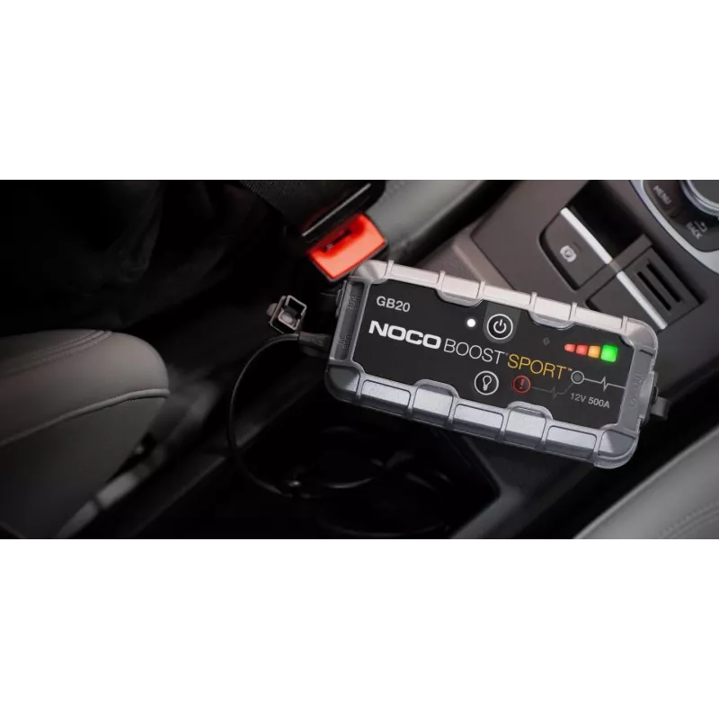 Jump starter NOCO GB20 500A litija jonu, 24Wh, IP65, 1x USB 5V/2.1A, iebūvēts lukturītis, benzīna dzinējiem līdz 4L
