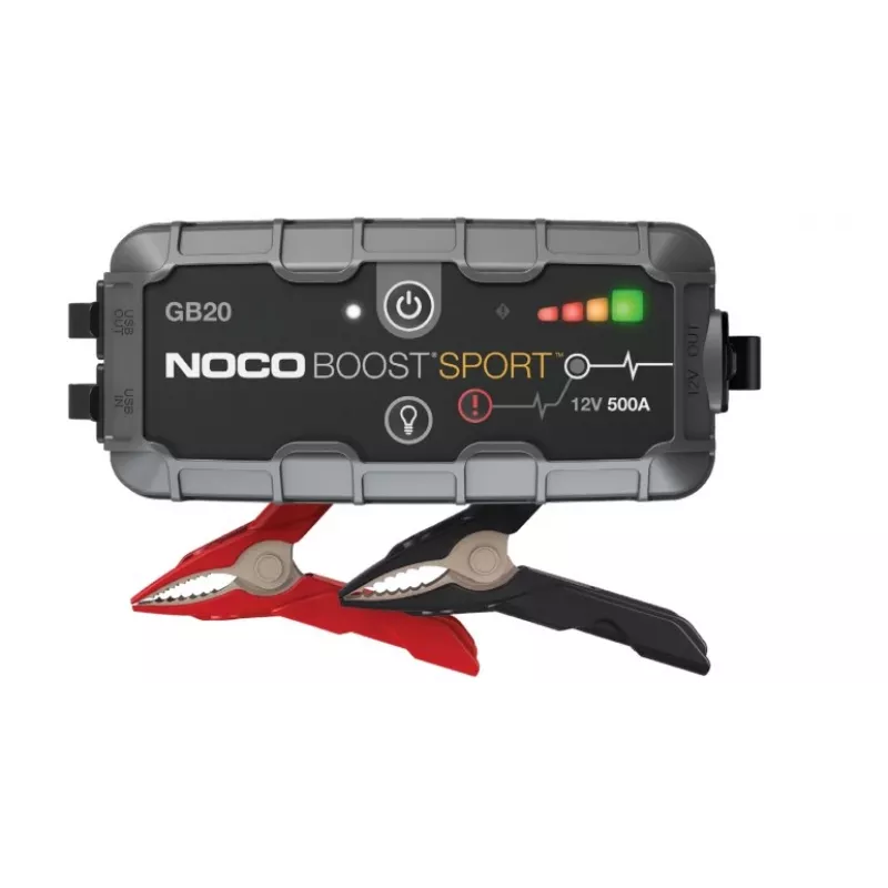 Jump starter NOCO GB20 500A litija jonu, 24Wh, IP65, 1x USB 5V/2.1A, iebūvēts lukturītis, benzīna dzinējiem līdz 4L