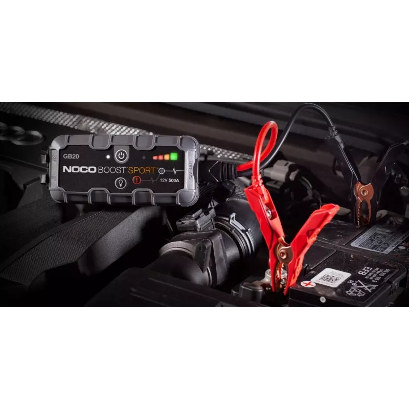 Jump starter NOCO GB20 500A litija jonu, 24Wh, IP65, 1x USB 5V/2.1A, iebūvēts lukturītis, benzīna dzinējiem līdz 4L