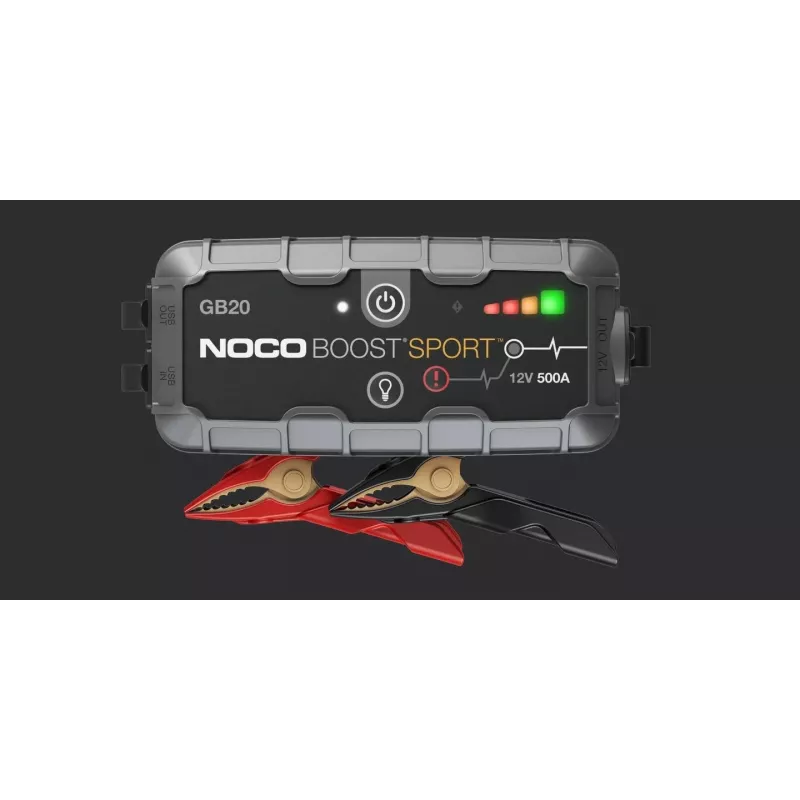 Jump starter NOCO GB20 500A litija jonu, 24Wh, IP65, 1x USB 5V/2.1A, iebūvēts lukturītis, benzīna dzinējiem līdz 4L