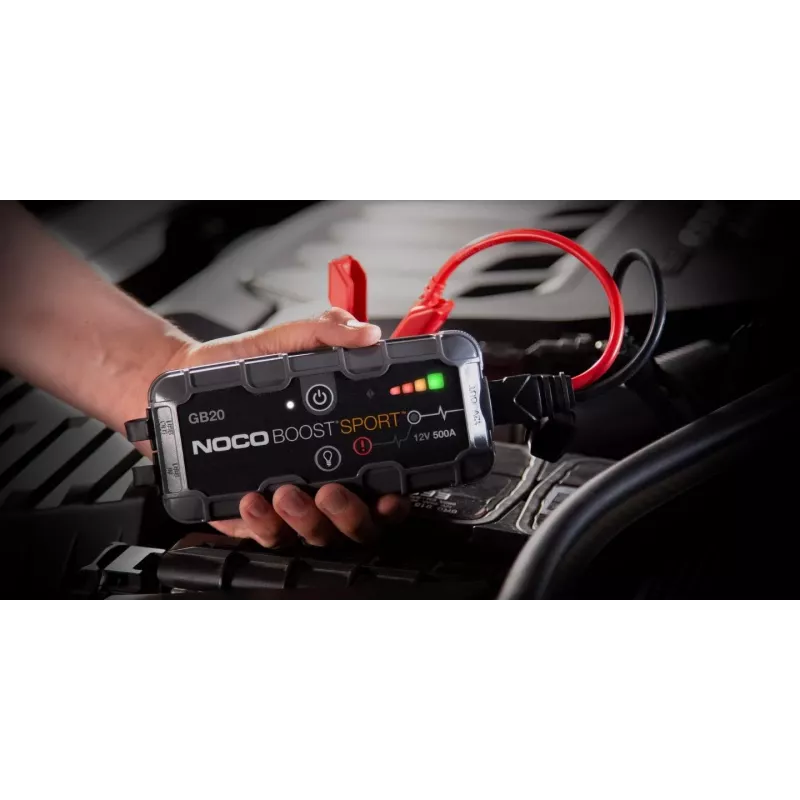 Jump starter NOCO GB20 500A litija jonu, 24Wh, IP65, 1x USB 5V/2.1A, iebūvēts lukturītis, benzīna dzinējiem līdz 4L