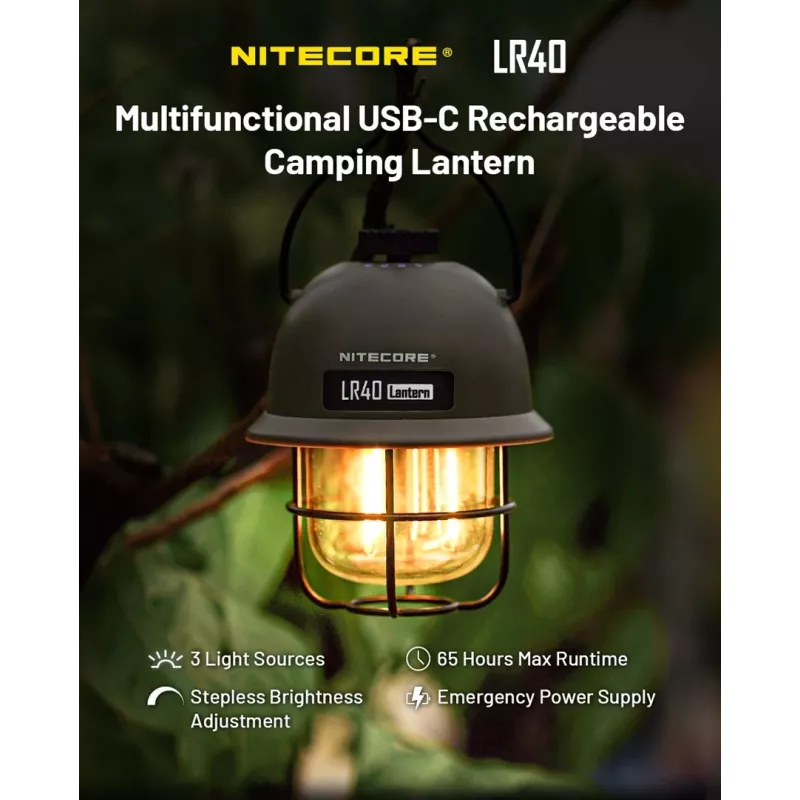 Ar USB darbināms kempinga lukturis Nitecore LR40 100 lm olīvzaļš