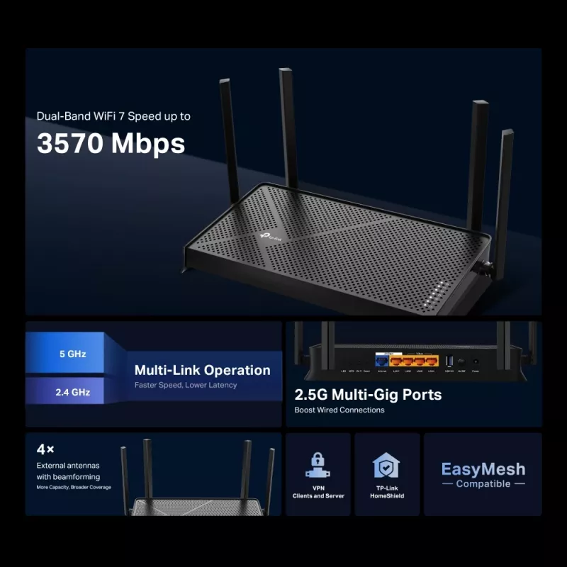 TP-Link Archer BE3600 bezvadu maršrutētājs 2.5 Gigabit Ethernet divjoslu (2.4 GHz / 5 GHz) melns