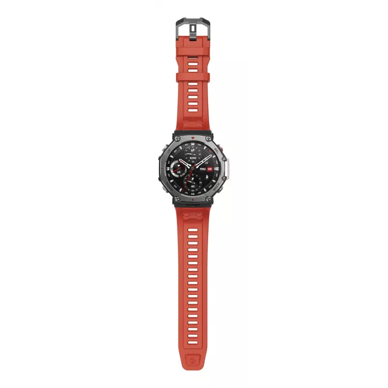 Smartwatch Amazfit T-Rex 3 Lava — 1,5 collu AMOLED, 480×480, GPS, 700 mAh, 32 GB, nerūsējošā tērauda korpuss, silikona siksniņa